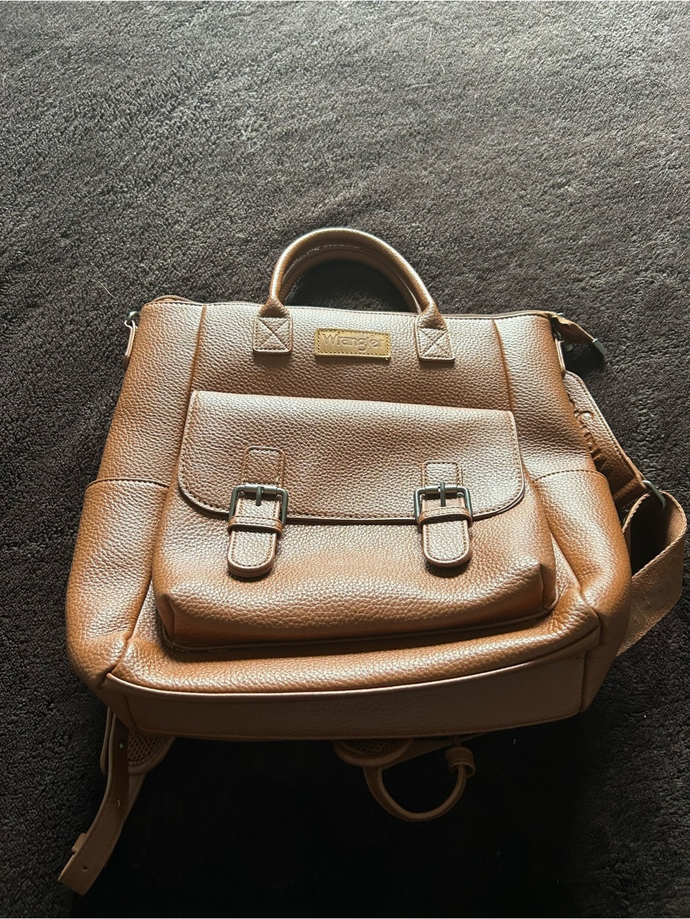 Wrangler Brown Leather Backpack Tote with Front Buckle Pocket